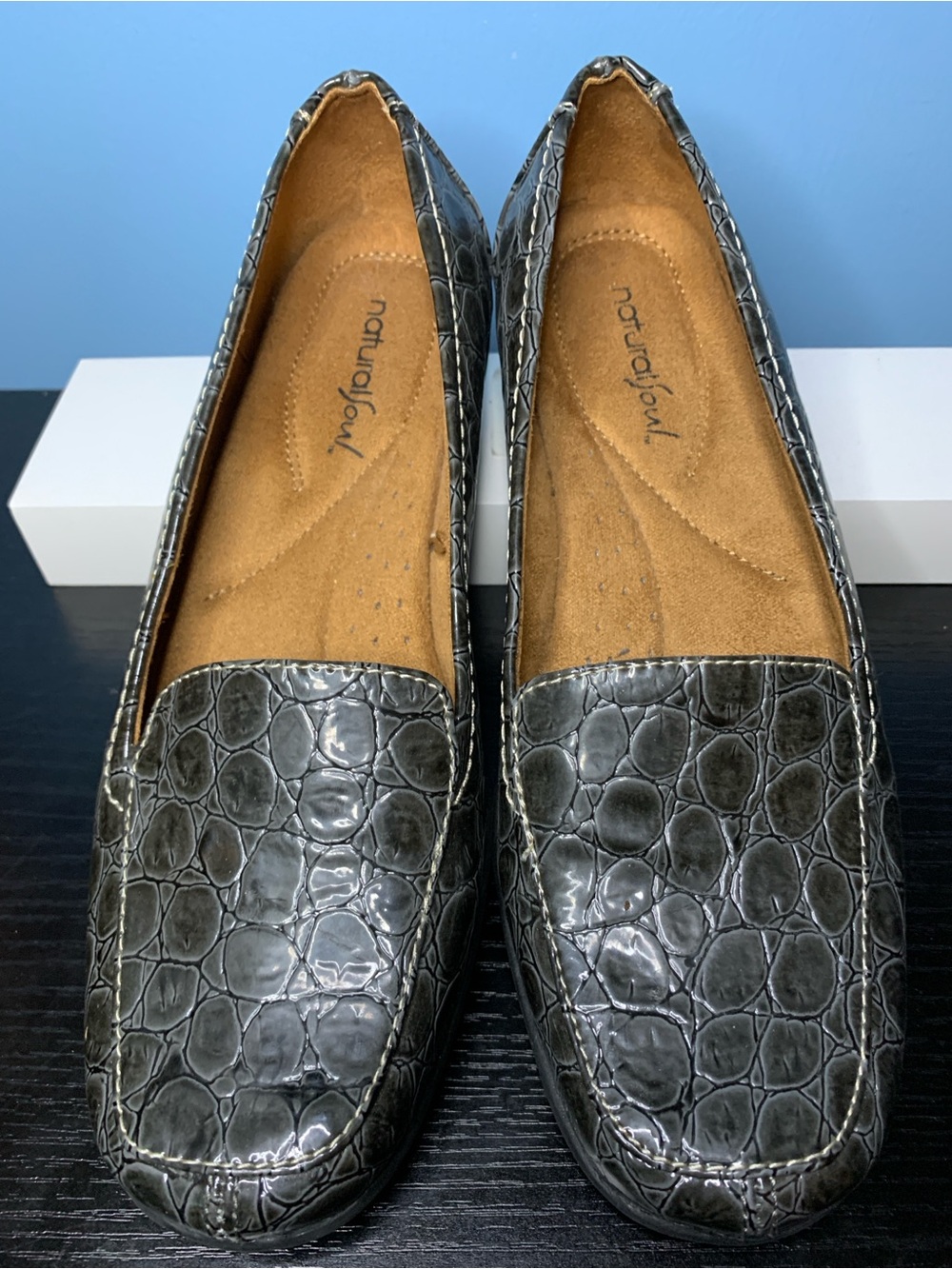 Natural Soul Gray Croc-Embossed Slip-On Loafers